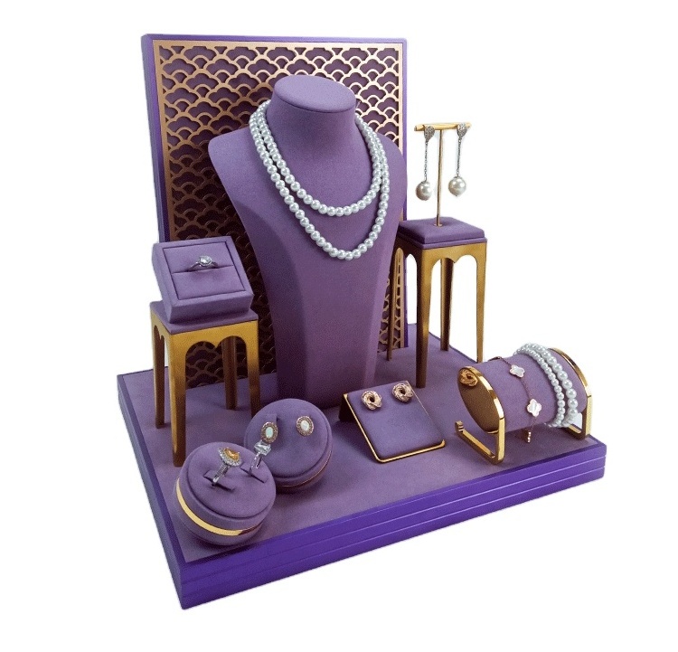 Custom Luxury Jewellery Display Stand Microfiber Metal Jewelry Window Display Set  for jewelri display