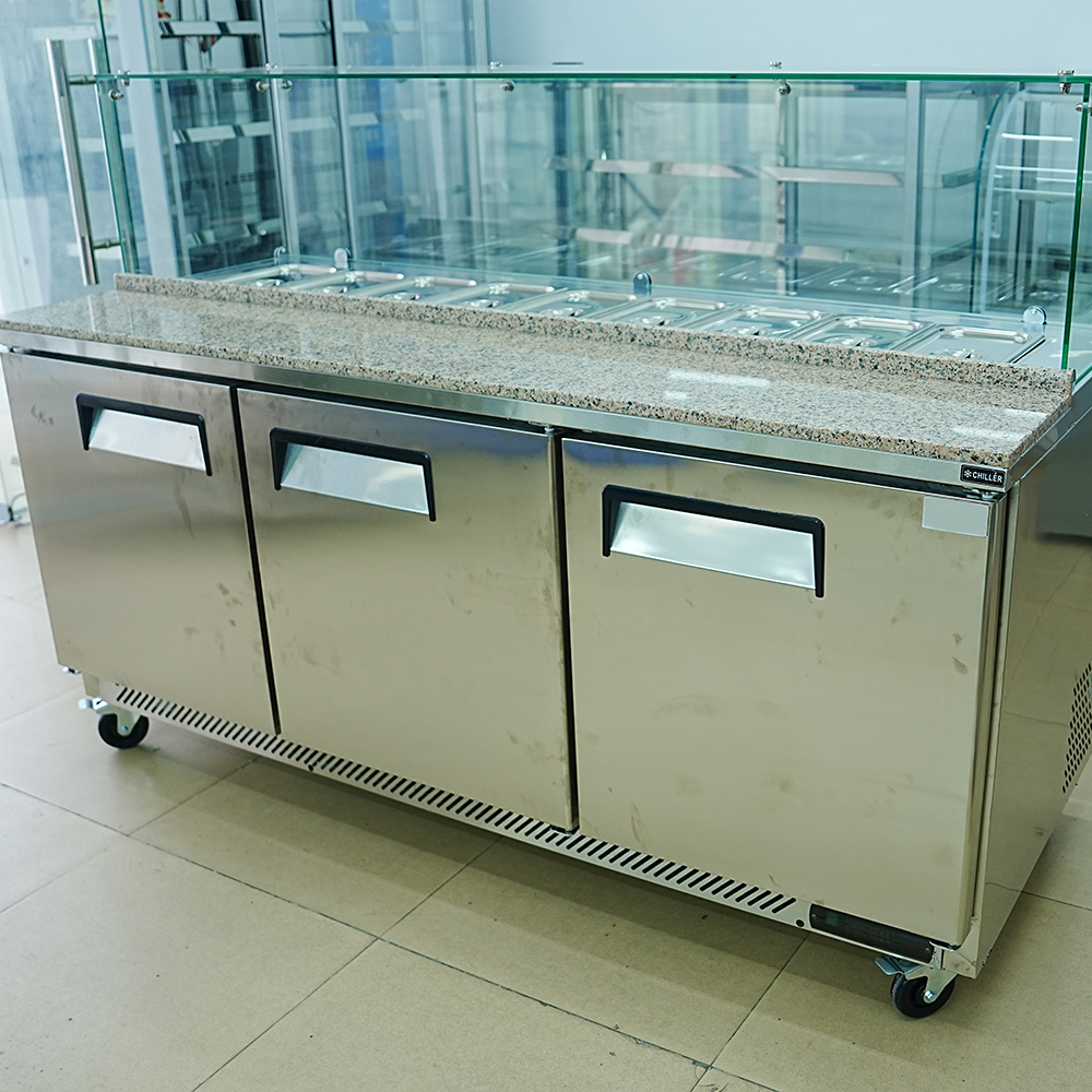 3 Doors Commercial Pizza Salad Bar Sandwich Counter Display Chiller Fridge Glass Top Prep Table Refrigerator Freezer