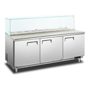 3 Doors Commercial Pizza Salad Bar Sandwich Counter Display Chiller Fridge Glass Top Prep Table Refrigerator Freezer