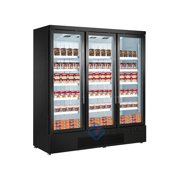 Recommend 3 Door Supermarket Frameless Glass 1500L Meat Display Upright Freezer for Ice Cream Sea Food Beef