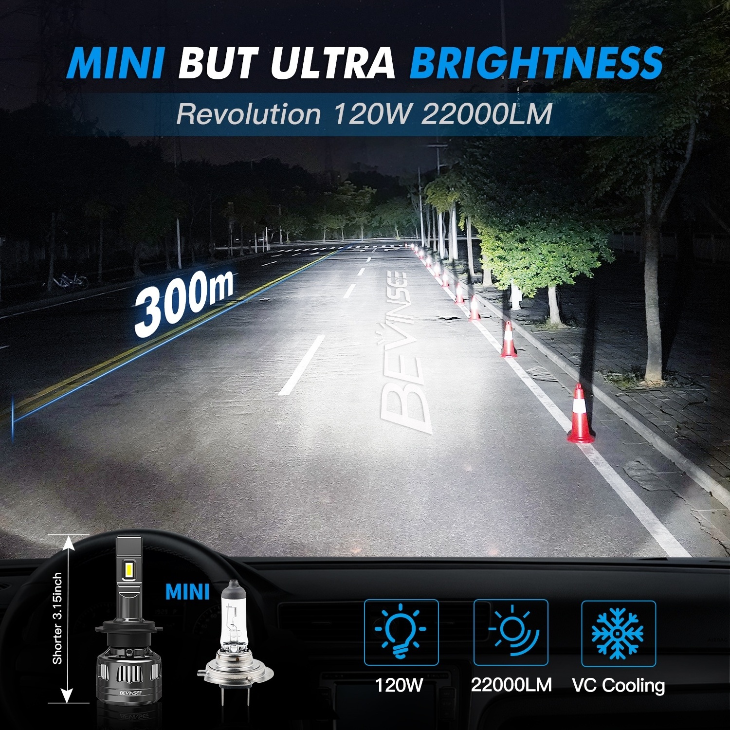 Bevinsee 2x V45 Super Bright White 120W High Low Beam Kit 22000LM 6500K Auto H4 LED Bulb 9005 9006 9012 H11 H7 H1 LED Headlights