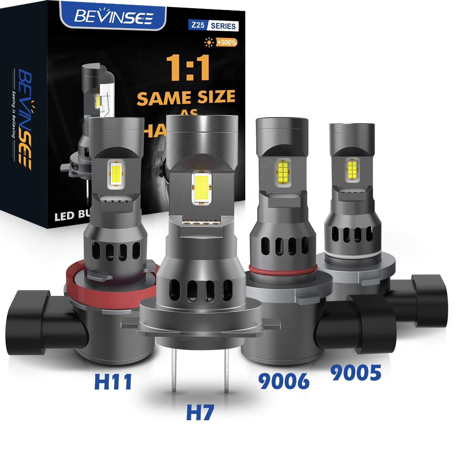 Bevinsee Z25 H7 High Beam 70W 10000LM Same Size As Original Halogen Bulbs 3570 CSP H7 9005 9006 LED Headlight Bulbs