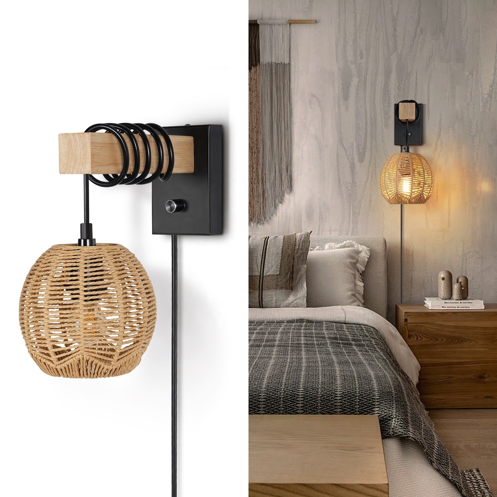 HYMELA N01 Bedroom Wall Lamp Rustic Wall Mounted Light with Hand-woven Shade Living Room Indoor Dimmable Boho Decor Wall Lamp