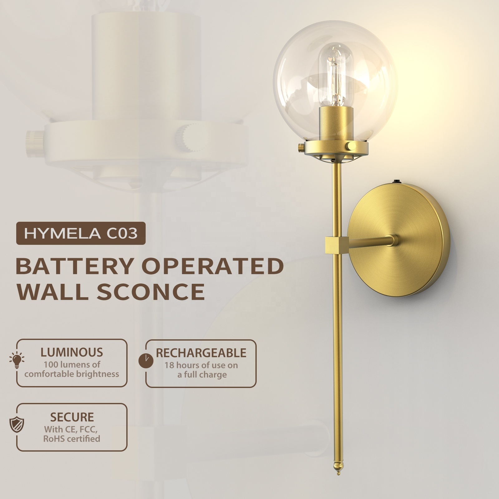 HYMELA C03 Nordic Battery Operated LED Wall Lamp Wireless Indoor Bathroom Hallway 100LM Wall Light Fixture (Bulb Included)