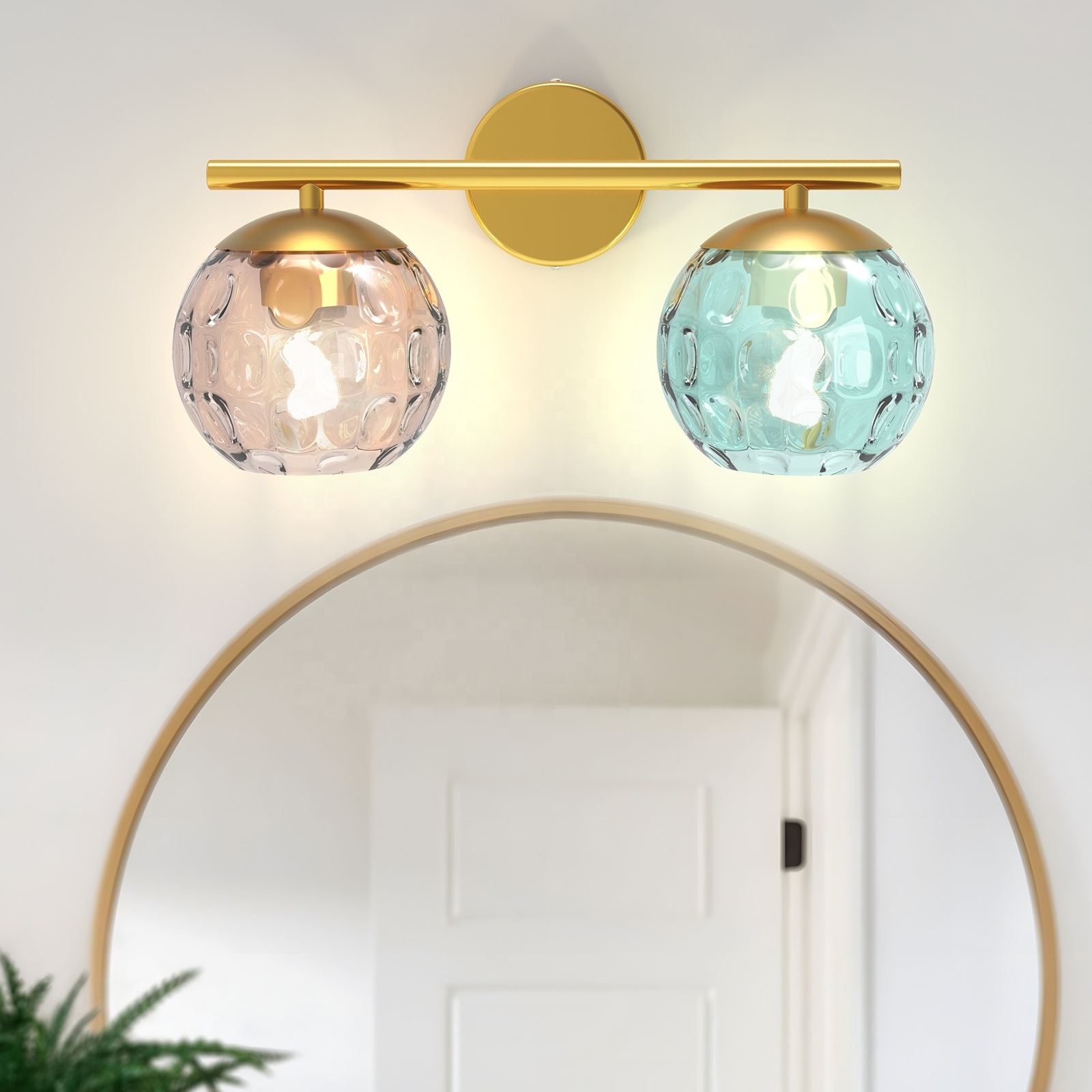 HYMELA C04 2-Light Bathroom Vanity Wall Light Hallway Aisle Wall Sconce Light Fixture Wall Mount Lamp with Colorful Glass Shade