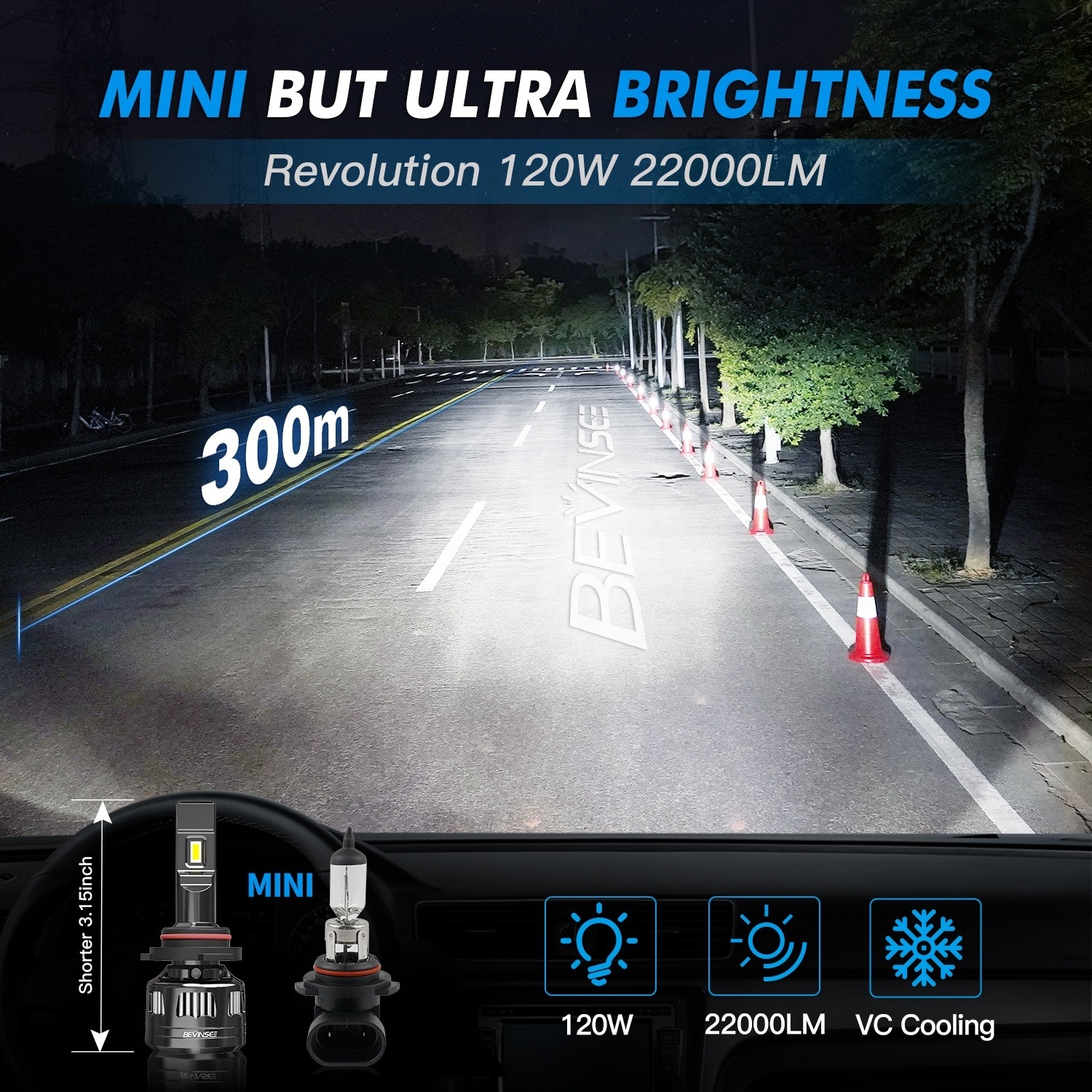 Bevinsee 2x V45 120W 22000LM Bright White LED Fog Light Lamps H7 High Low Beam Kit Car 9005 9006 H11 LED Headlights Bulbs