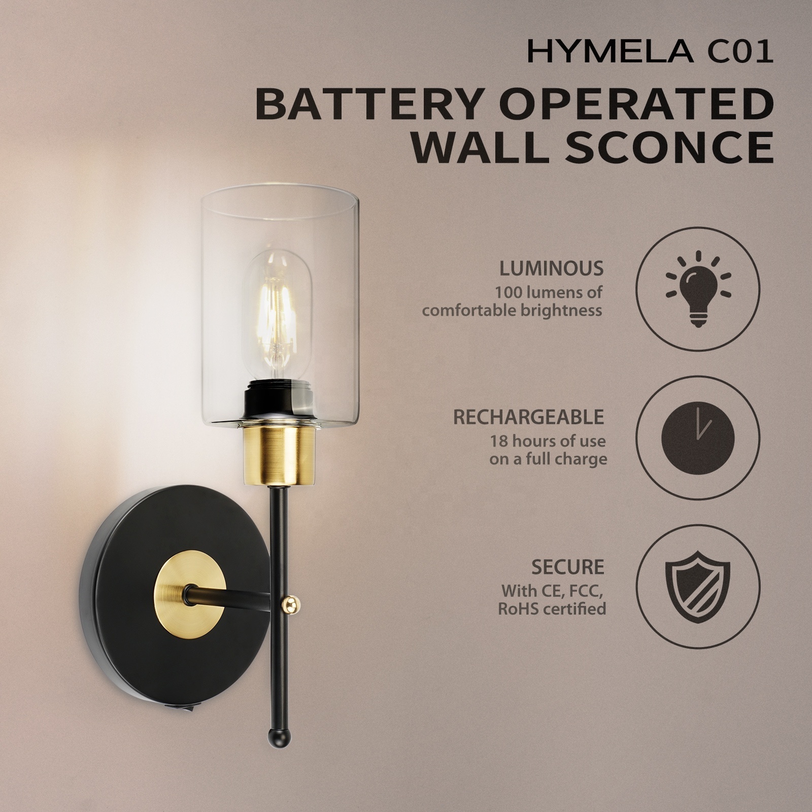 HYMELA C01 Rechargeable LED Wall Light Fixture Indoor Cordless Nordic Wall Lamp Decor Hallway Porch Aisle Light (Bulb Included)