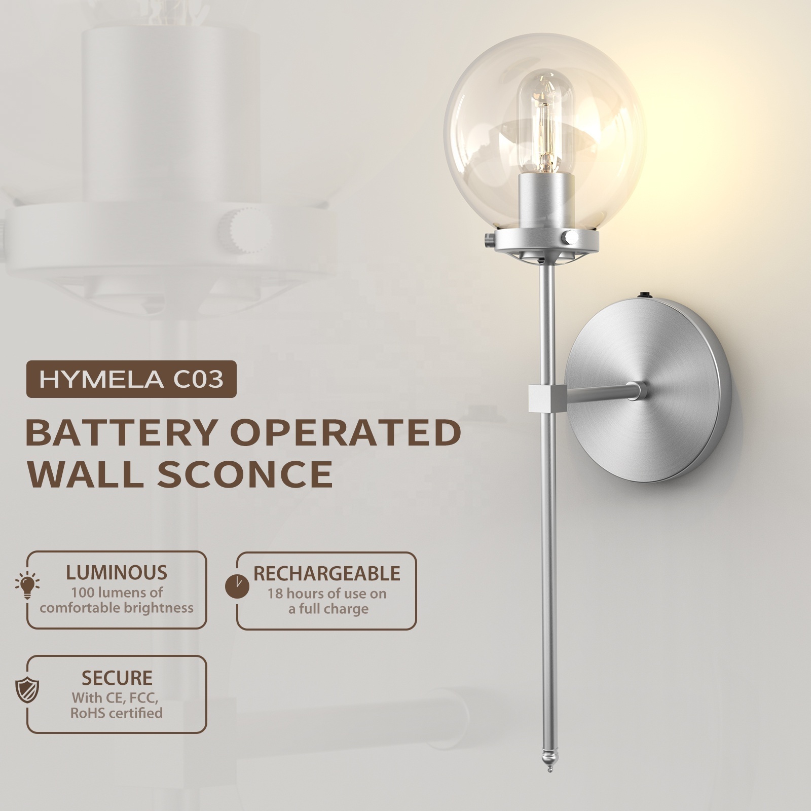 HYMELA C03 Rechargeable Indoor Wall Mounted Light Bedroom Hallway Decorative Light Nordic Wall Sconce Lamp (Bulb Included)