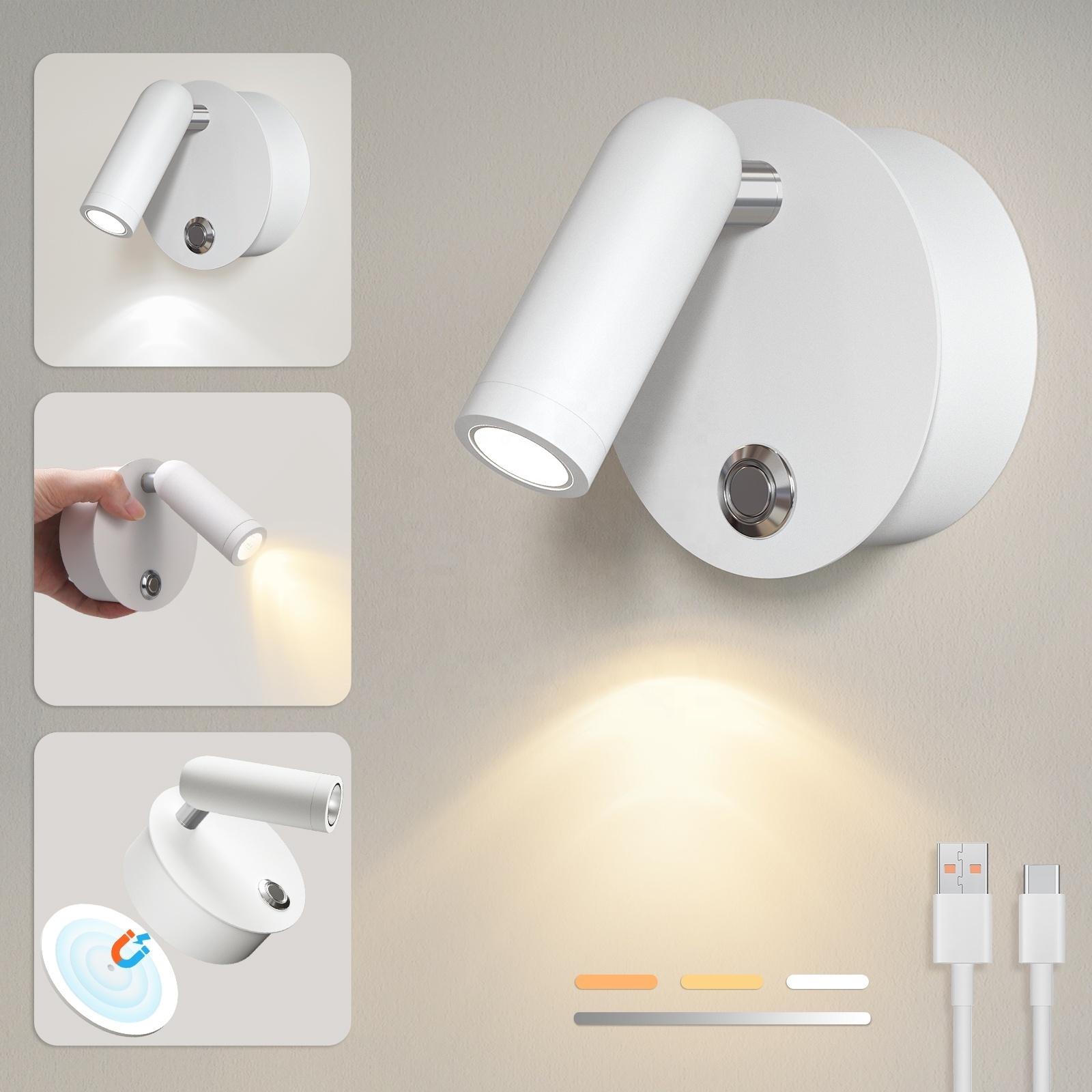 HYMELA M09 LED Reading Spotlight Modern Dimmable Wall Sconce Light Indoor Rechargeable LED Bedside Wall Mounted Lamp