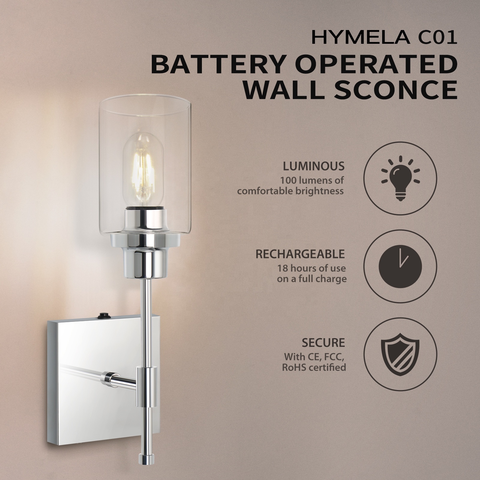 HYMELA C01 Battery Operated Wall Sconce Lamp Nordic Modern Hallway Cordless Wall Light Fixture Decor Porch Light (Bulb Included)