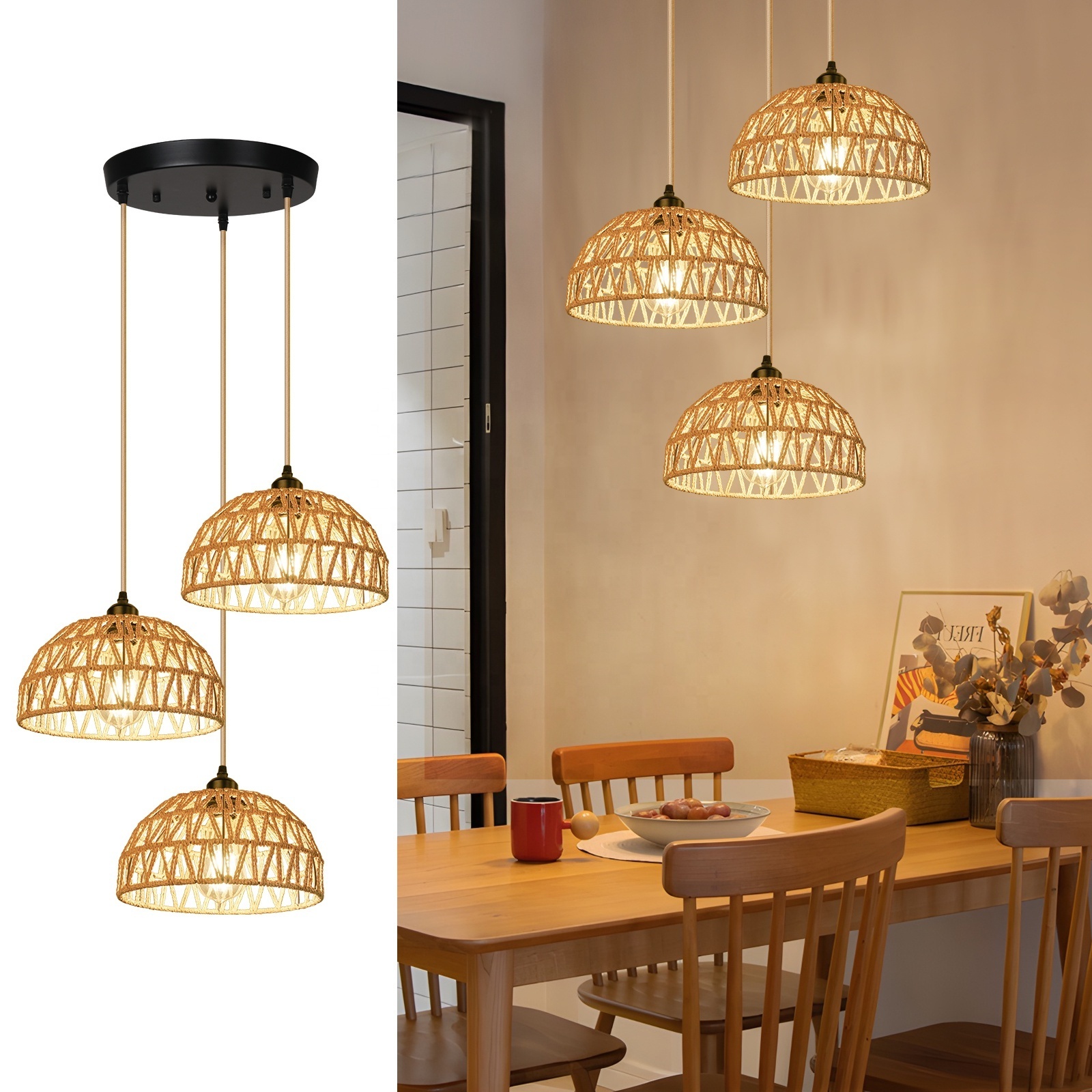 HYMELA N05 Pendant Light Woven Rattan 3-Lights Pendant Hanging Lamp Parlor Hall Ceiling Light Fixture Staircase Chandelier