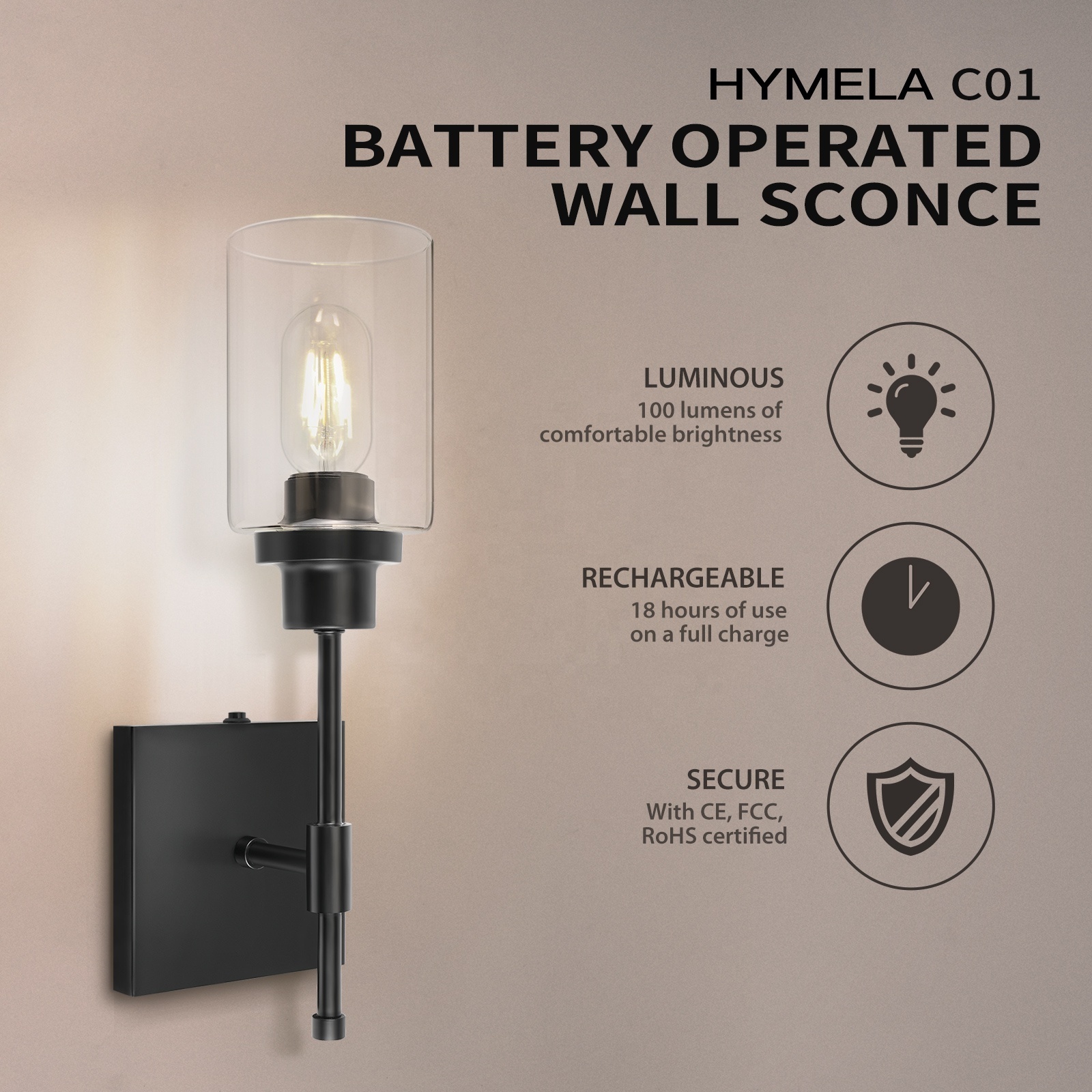 HYMELA C01 Battery Operated Wall Sconce Hallway Wall Mount Lamp with Clear Glass Shade Nordic Simple Porch Aisle Light Fixture