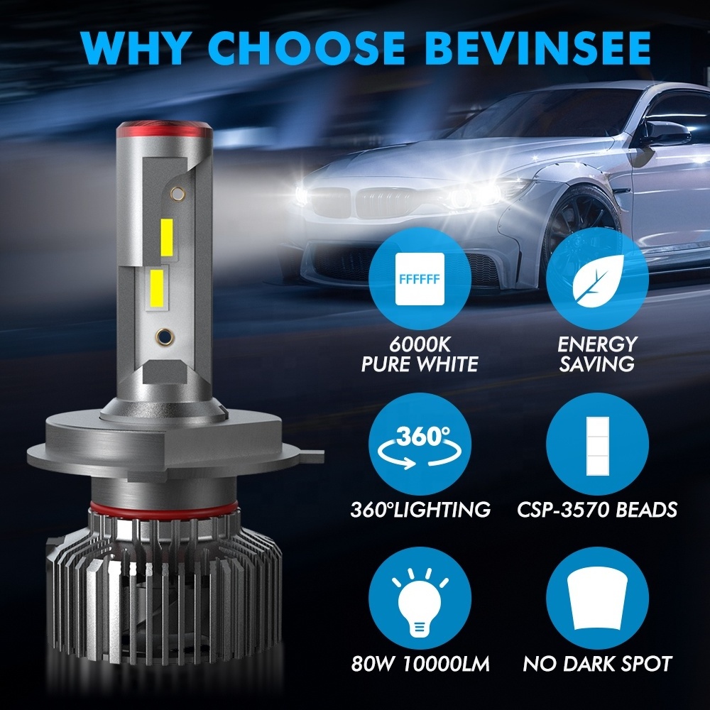 Bevinsee Super Bright Car Led Headlight Bulbs A01 10000 LM 80W H4 H7 H11 9005 9006 6000k Car Led Headlight