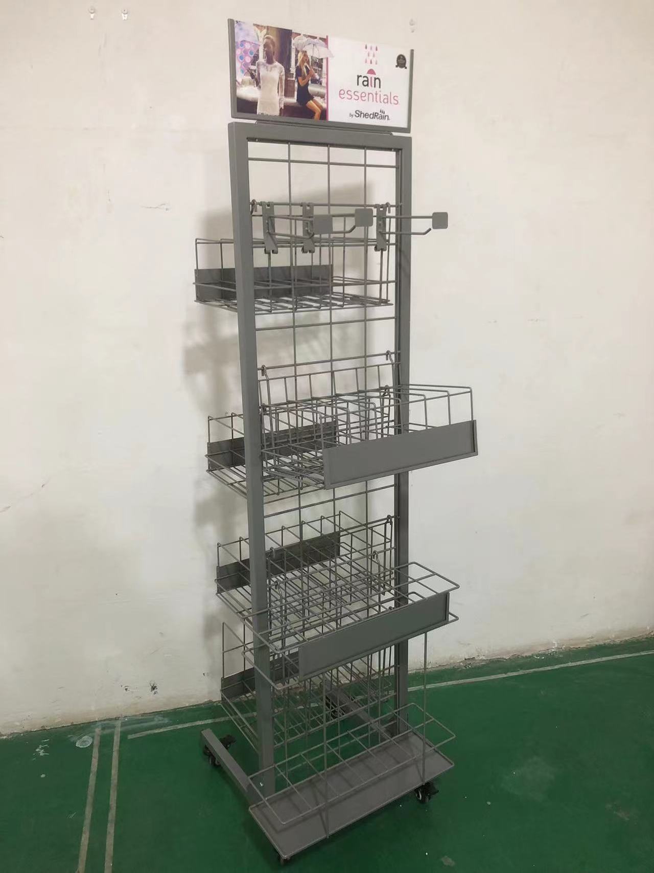 Umbrella metal display rack double-side iron wire basket shelf with wheel for supermarket and retail shop