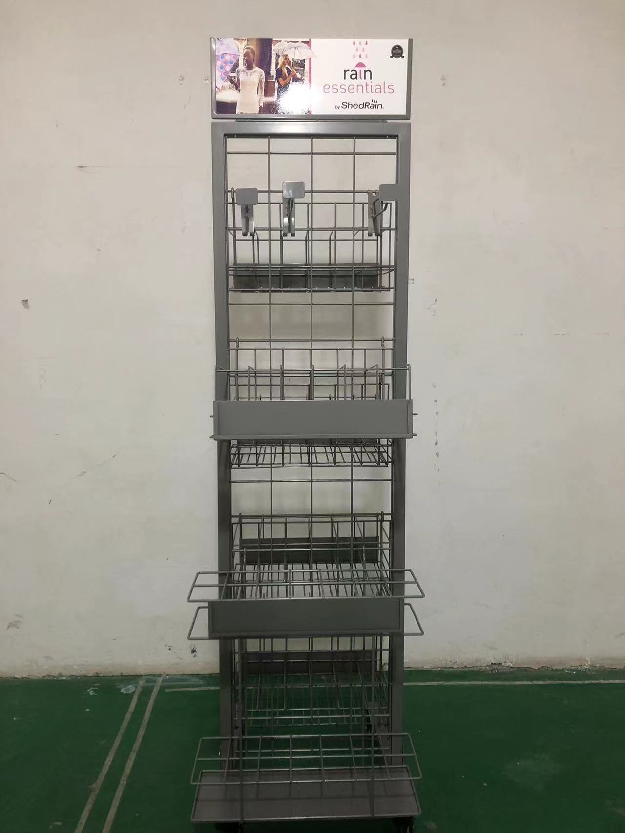 Umbrella metal display rack double-side iron wire basket shelf with wheel for supermarket and retail shop