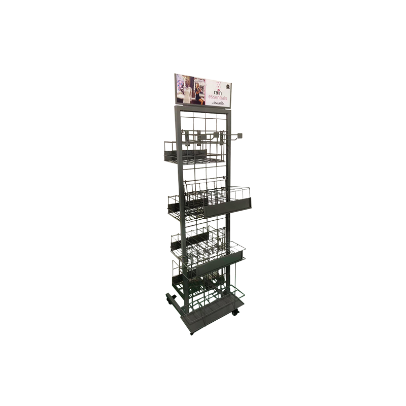 Umbrella metal display rack double-side iron wire basket shelf with wheel for supermarket and retail shop