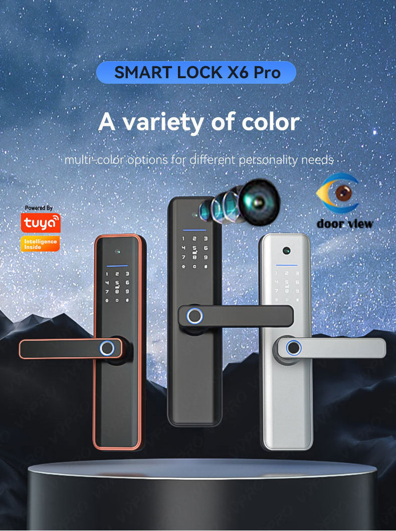 New Intelligent Wifi APP Camera Door Lock Tuya Digital Peephole Viewer Fingerprint Smart Door Locks with Camera X6pro