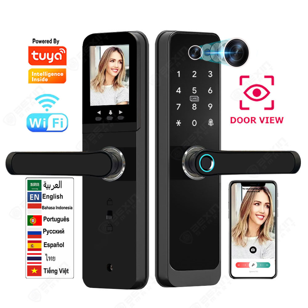 Home Electronics Biometric Fingerprint Combination Smart Door Lock With Camera Tuya Wifi App Digital Lock Key Card Door Lock