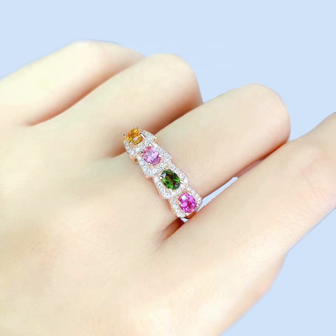 Nice Colored Tourmaline Ring, 925 Sterling Silver Gemstone Ring Set