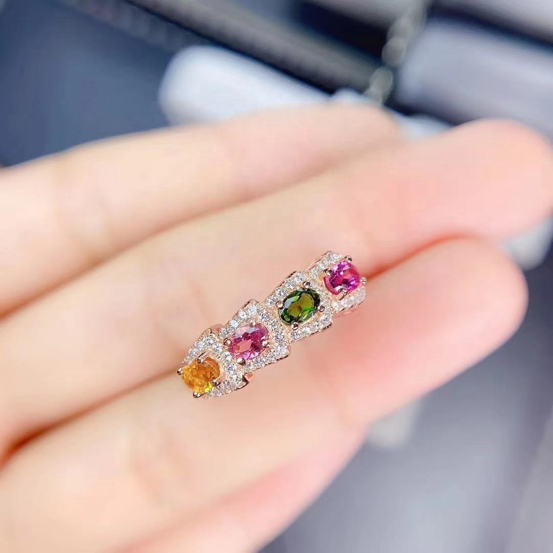 Nice Colored Tourmaline Ring, 925 Sterling Silver Gemstone Ring Set