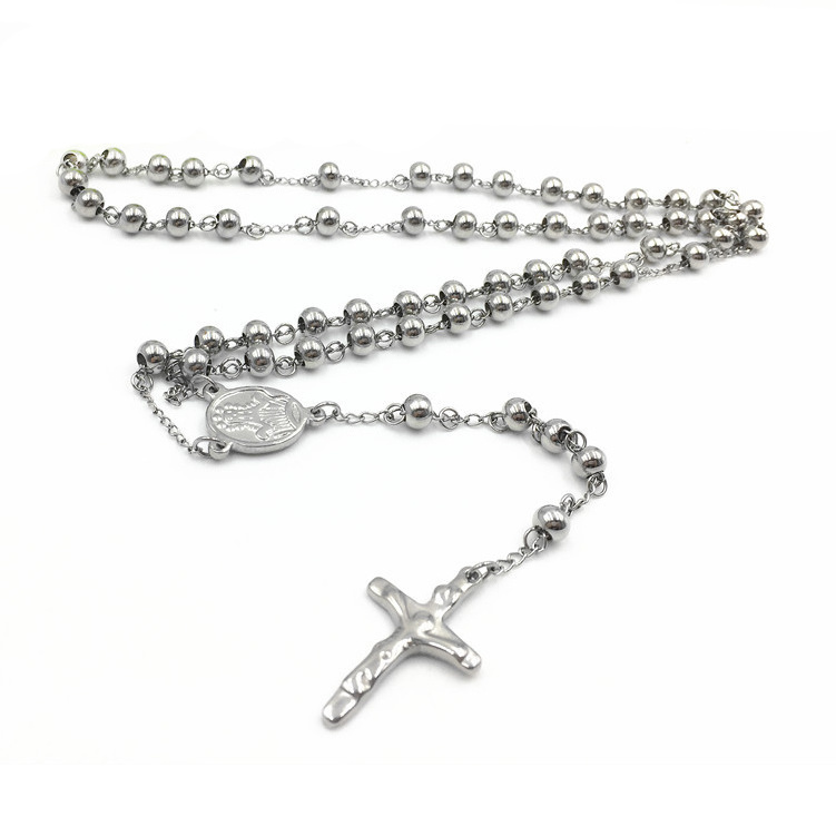 Fashion Cross Stainless Steel Beads Rosary Necklace, Stainless Steel Jesus Necklace