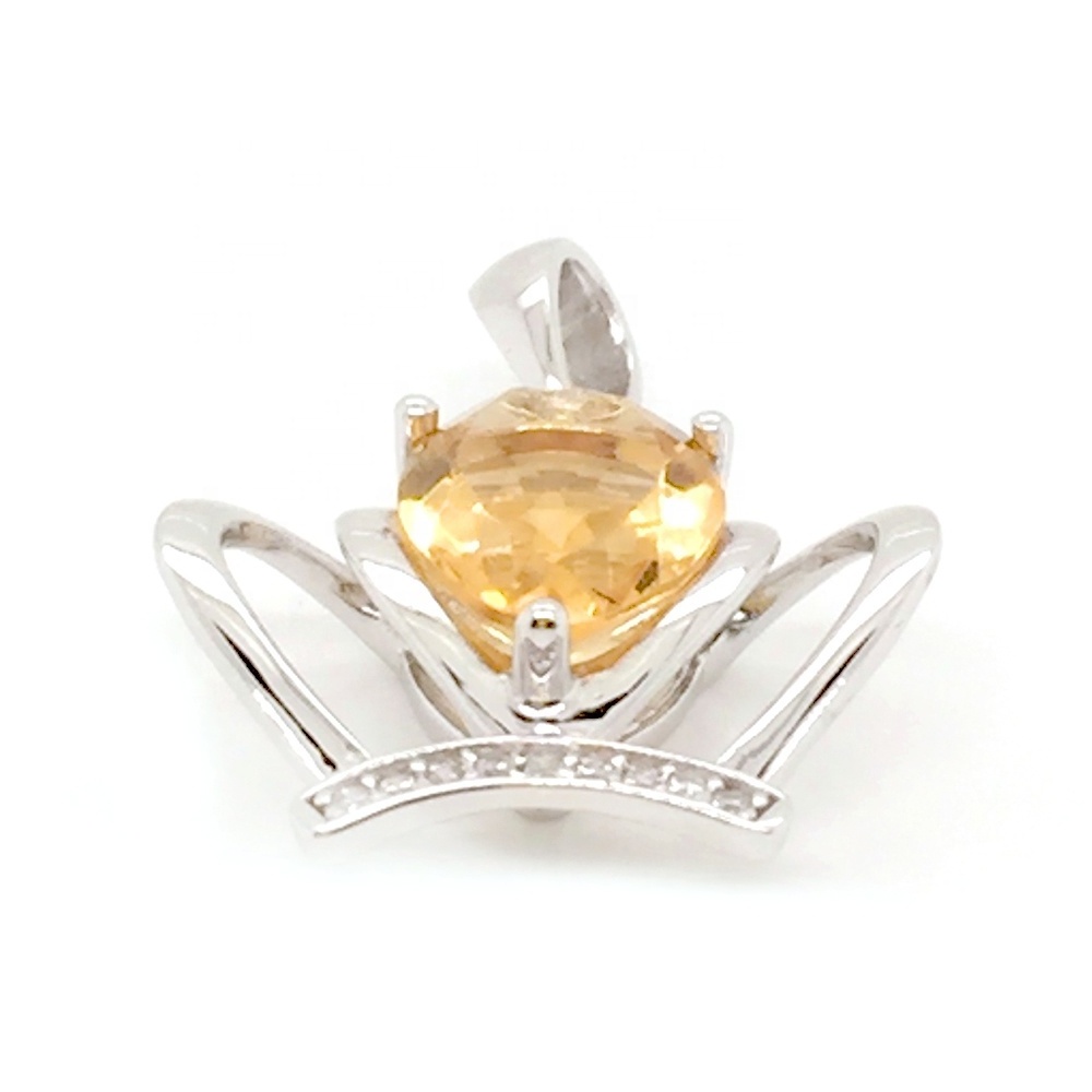 925 Sterling Silver King Crown Charm Pendant, Yellow Stone Crown Jewelry, Yellow Teardrop Topaz Pendant Crown Necklace