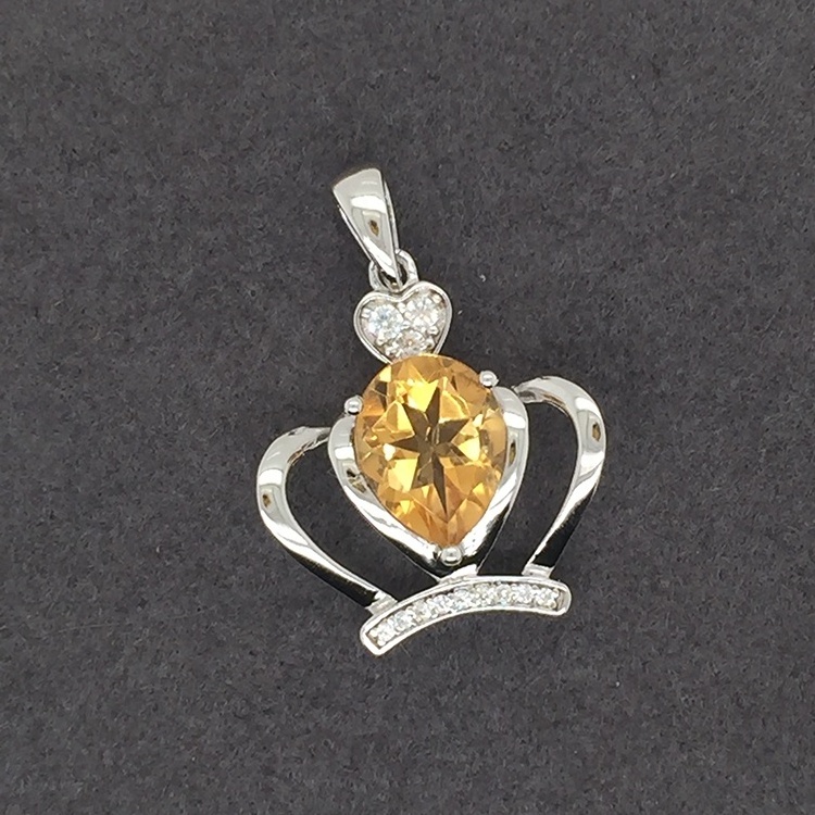 925 Sterling Silver King Crown Charm Pendant, Yellow Stone Crown Jewelry, Yellow Teardrop Topaz Pendant Crown Necklace