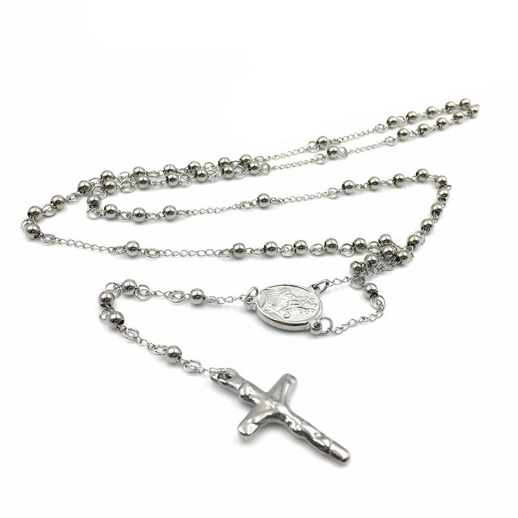 Fashion Cross Stainless Steel Beads Rosary Necklace, Stainless Steel Jesus Necklace