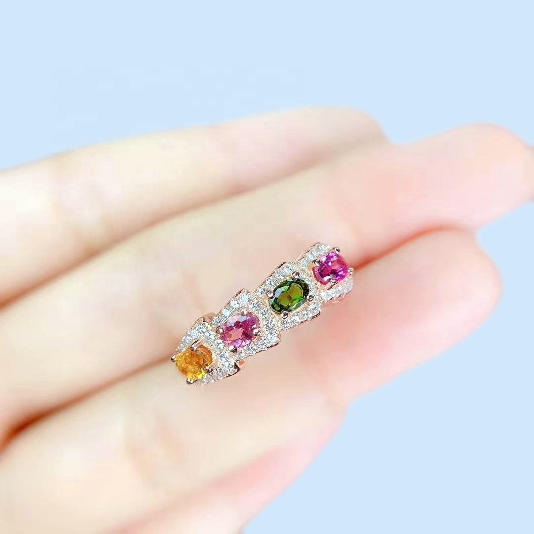 Nice Colored Tourmaline Ring, 925 Sterling Silver Gemstone Ring Set