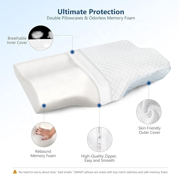 Adjustable Ergonomic Cervical Orthopedic Neck Pillow Contour Memory Foam Bed Pillow for Neck Pain Relief with Washable Cover