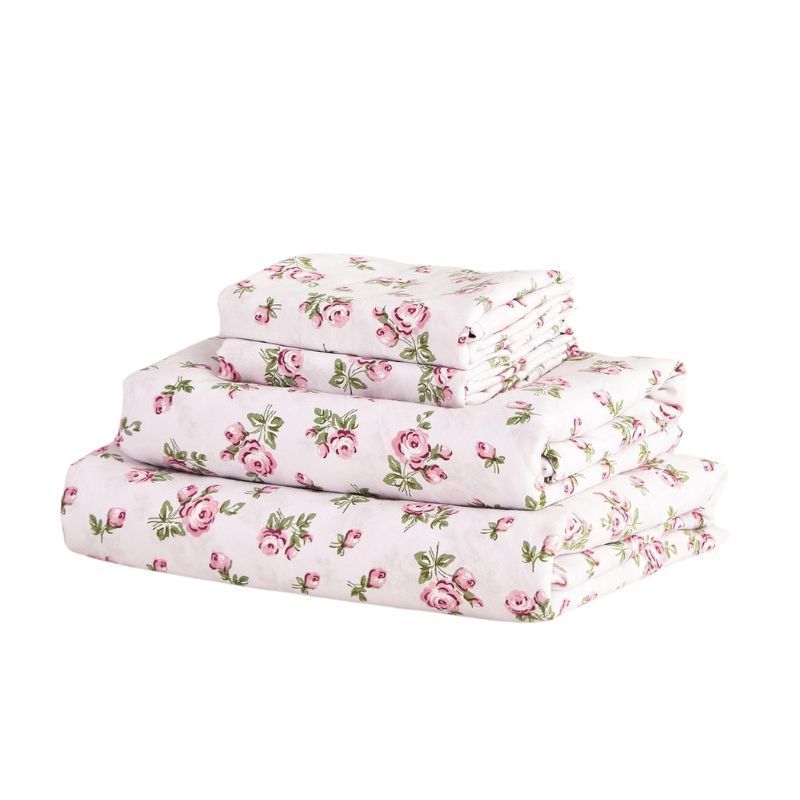 4-Piece Fitted Flat Bed Sheet Set Floral Shabby Chic Coquette Light Pink Green Flower Rose Soft Microfiber Bedding