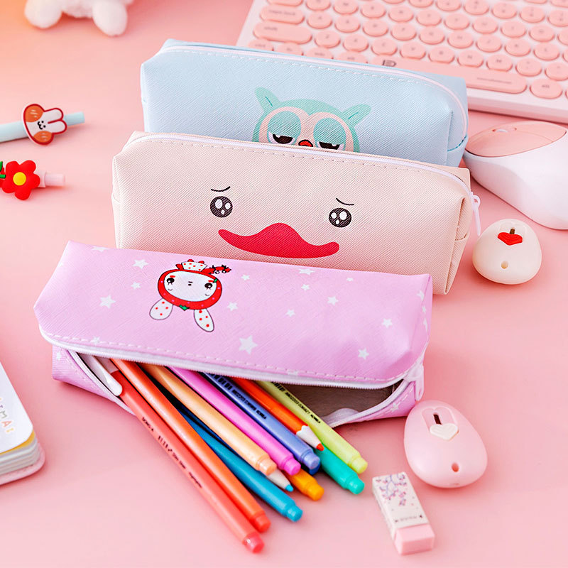 BEYOND Wholesale pu stationery children zipper pink korean pencil pouch,pu leather kawaii school cute pencil case for girls