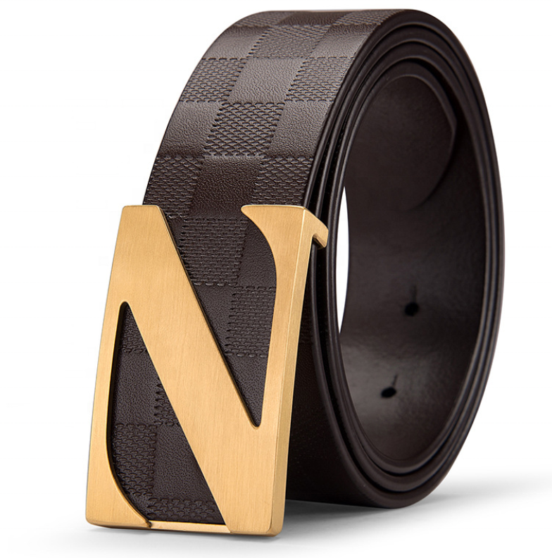 38mm Black Brown  Embossed Cowhide Leather Belt with Golden Z Stainless Steel Flat Buckle