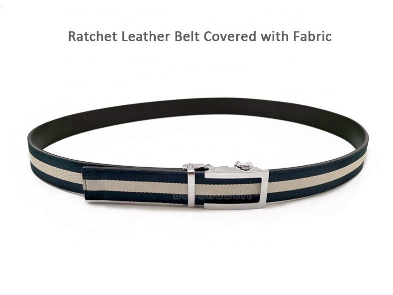 Factory Customize Automatic Buckle Slide Click Genuine Leather Belt Covered with Striped Fabric