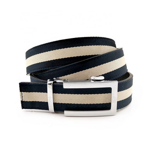 Factory Customize Automatic Buckle Slide Click Genuine Leather Belt Covered with Striped Fabric