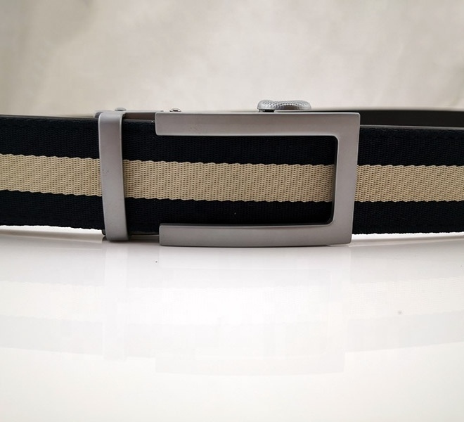 Custom Striped Tape Canvas Fabric Covered Men Polyester Ratchet Leather Belt with Automatic Buckle