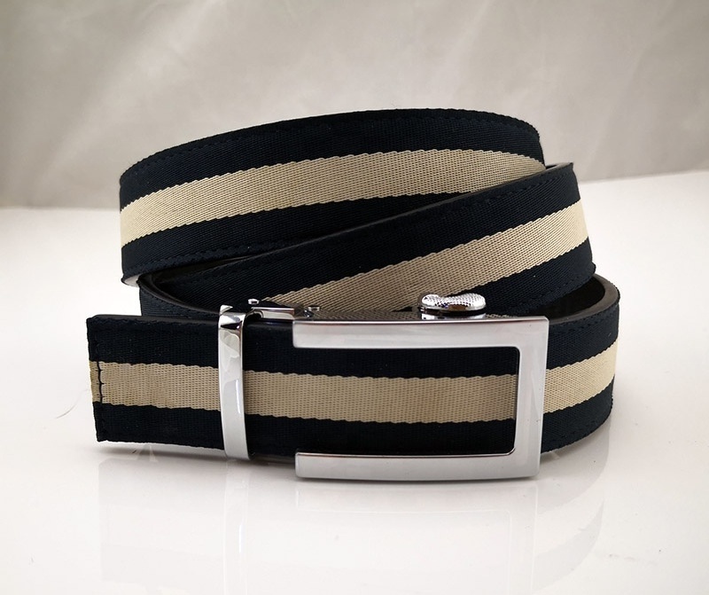 Custom Striped Tape Canvas Fabric Covered Men Polyester Ratchet Leather Belt with Automatic Buckle