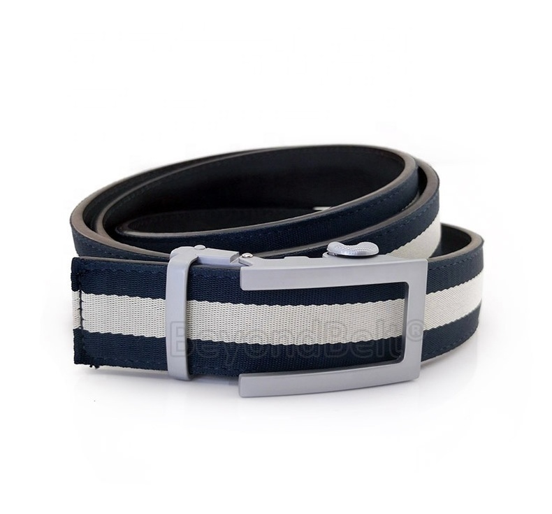 Factory Customize Automatic Buckle Slide Click Genuine Leather Belt Covered with Striped Fabric