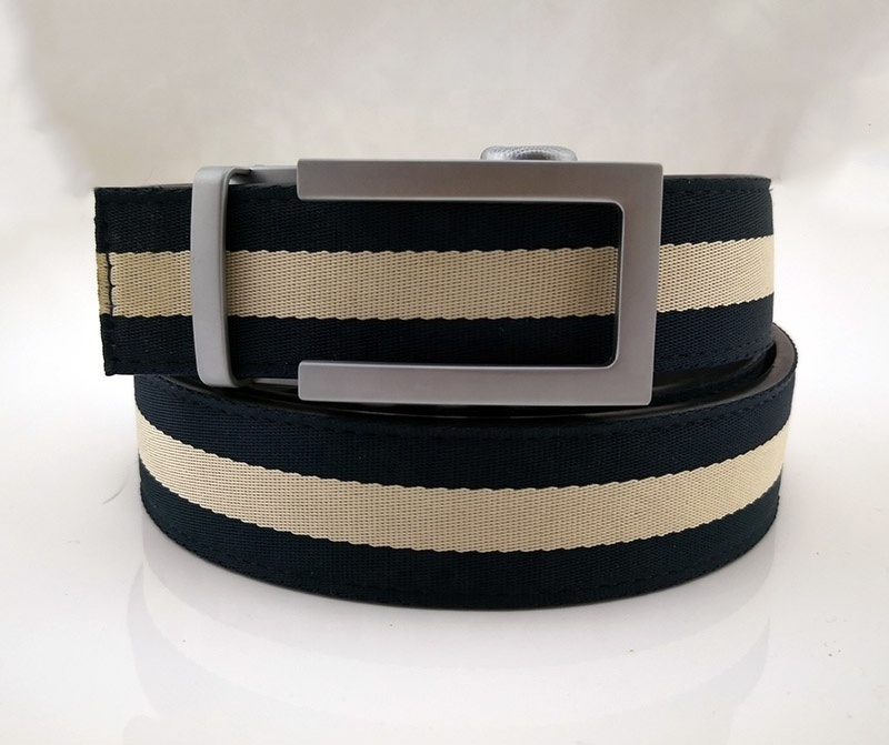 Custom Striped Tape Canvas Fabric Covered Men Polyester Ratchet Leather Belt with Automatic Buckle