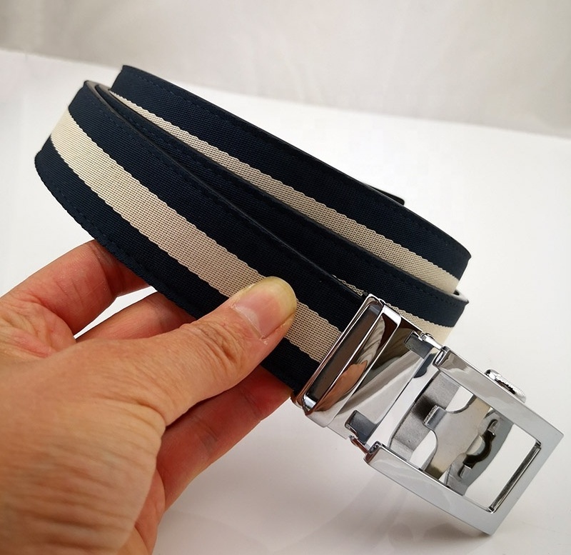 Custom Striped Tape Canvas Fabric Covered Men Polyester Ratchet Leather Belt with Automatic Buckle