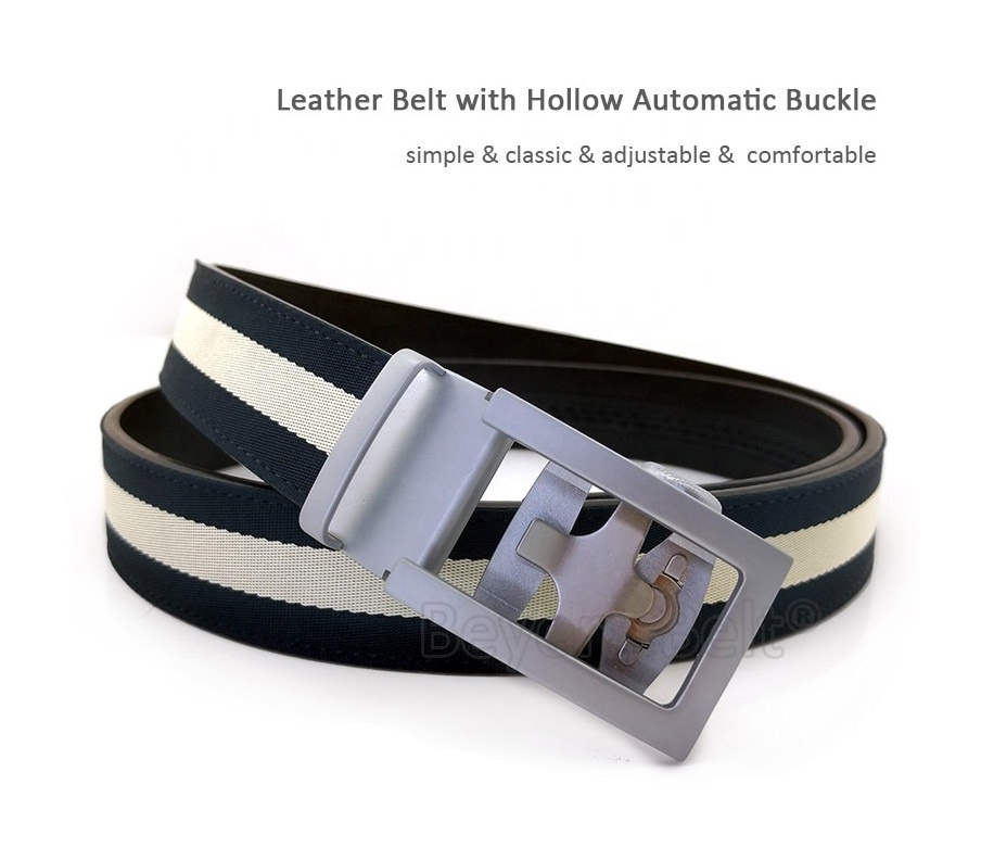 Factory Customize Automatic Buckle Slide Click Genuine Leather Belt Covered with Striped Fabric