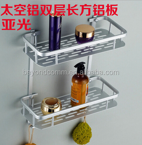 Double rectangular aluminum wall storage rack for bathroom Cosmetics rack  hook Aluminum Alloy tray