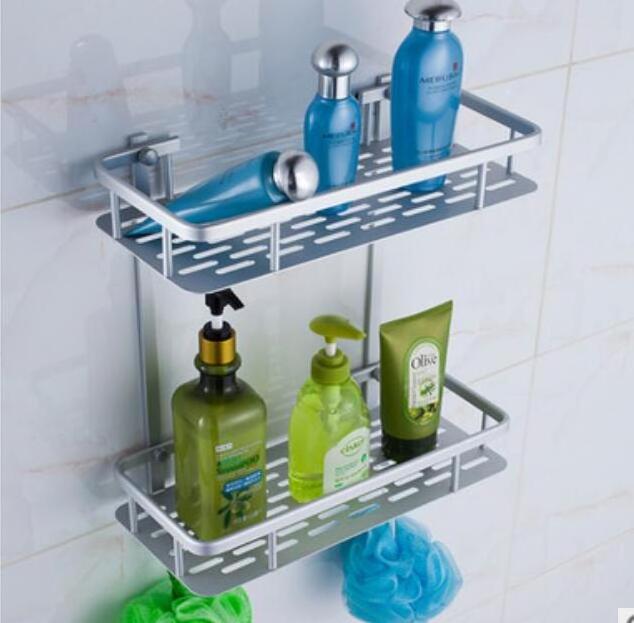 Double rectangular aluminum wall storage rack for bathroom Cosmetics rack  hook Aluminum Alloy tray