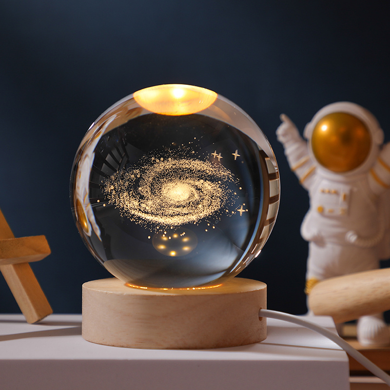 60mm Glass Solar System Planet Sphere 3D Laser Engraved Galaxy Crystal Ball with Wood LED Light Night Lamp