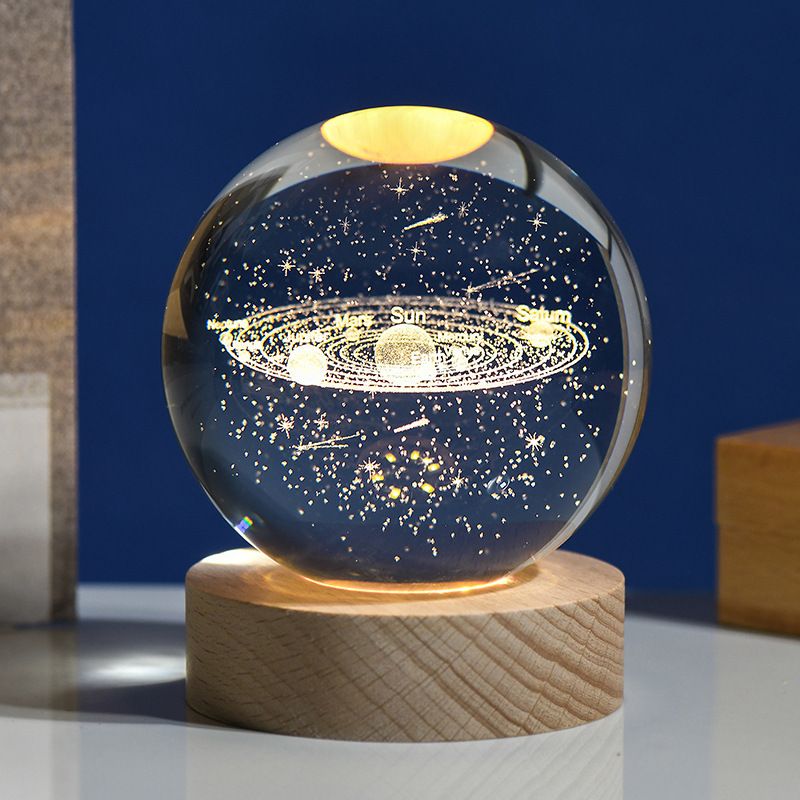 60mm Glass Solar System Planet Sphere 3D Laser Engraved Galaxy Crystal Ball with Wood LED Light Night Lamp