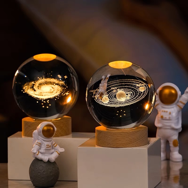 60mm Glass Solar System Planet Sphere 3D Laser Engraved Galaxy Crystal Ball with Wood LED Light Night Lamp