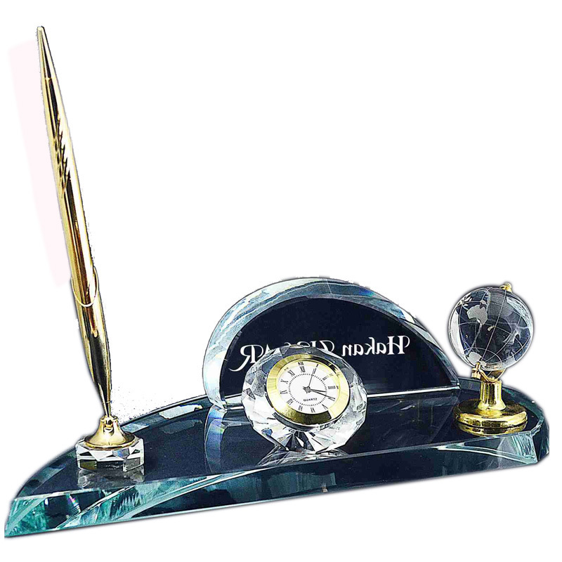 Luxury Custom Crystal Office Table Pen Holder With Clock Crystal Globe Stand Desktop Office Decoration