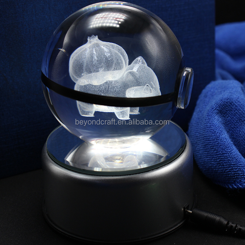 80mm New design 3D Crystal Pokemon Trainer Pokeball With Bulbasaur Action Figures Pokemon Ball