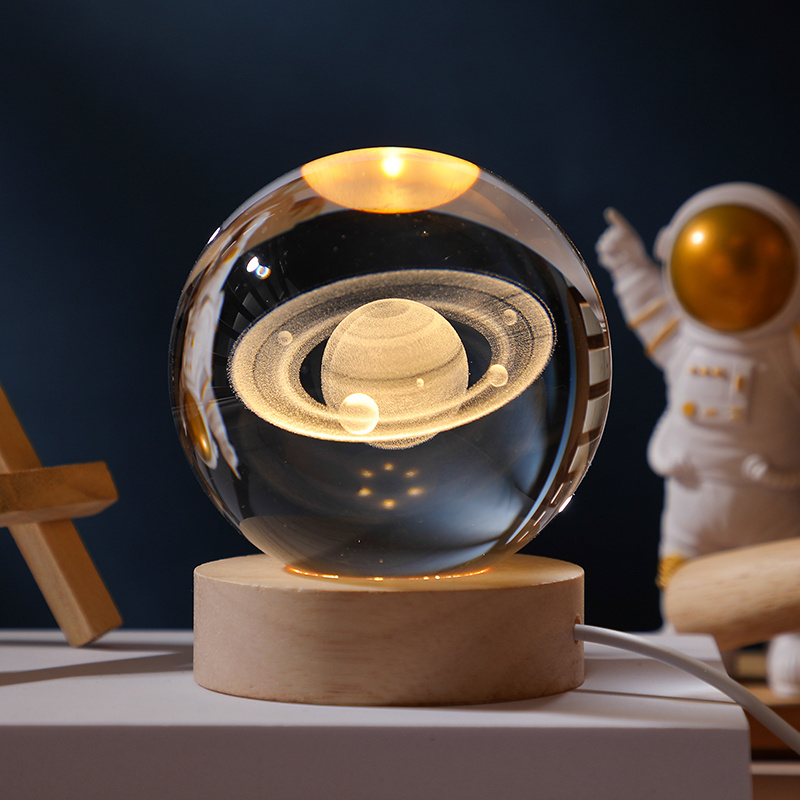 60mm Glass Solar System Planet Sphere 3D Laser Engraved Galaxy Crystal Ball with Wood LED Light Night Lamp