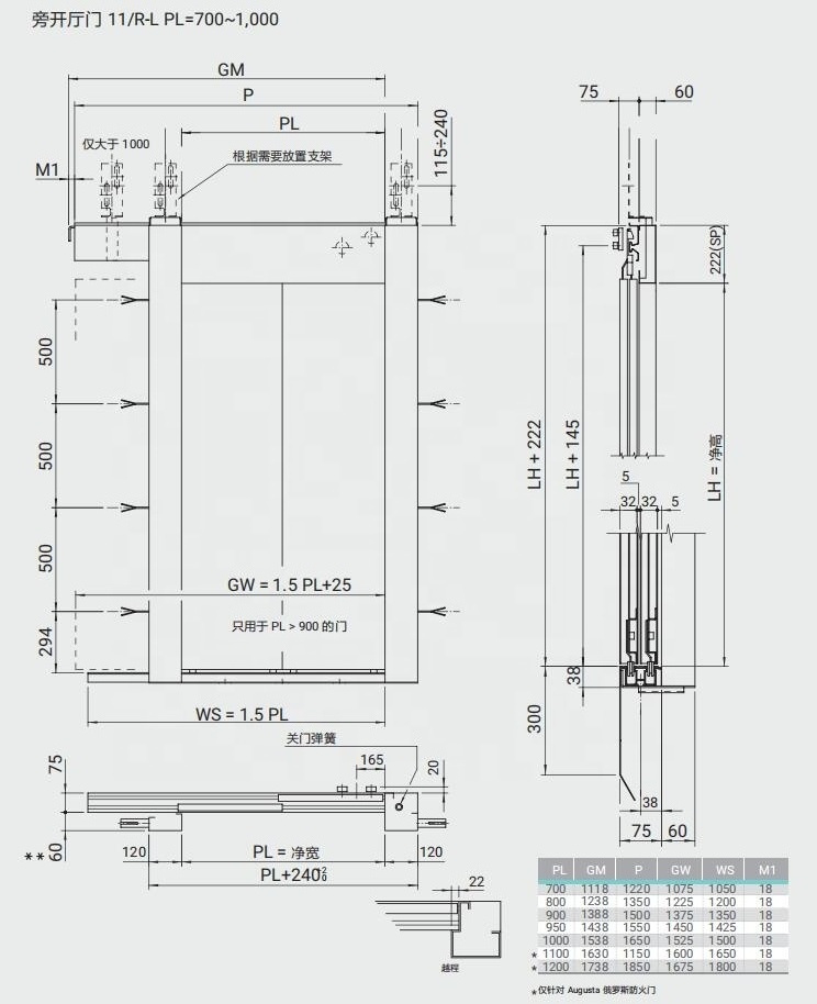 Wittur elevator door system Augusta/landing door with hanger /700-1000mm/center open/side open